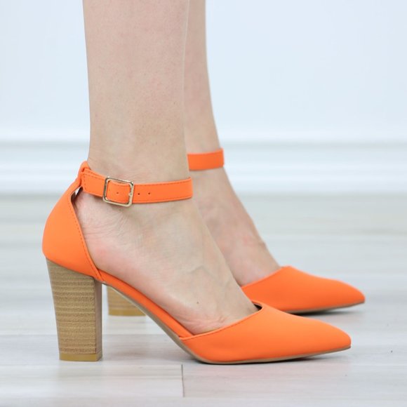 Pointed Toe Block Heel High Heel Stiletto Shoes Orange Nubuck - Picture 4 of 13